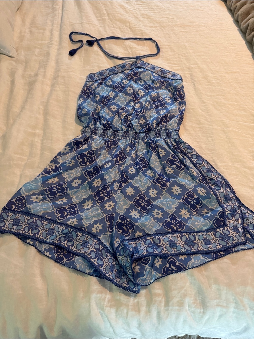 Poupette St. Barth Blue Patterned Halter Romper Sz S